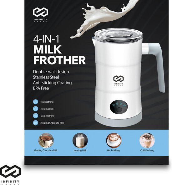 Infinity Goods 4-in-1 Elektrischer Milchaufschäumer - 350 ml - Aufschäumen und Erhitzen - Cappuccino - Spülmaschinenfest - Weiß