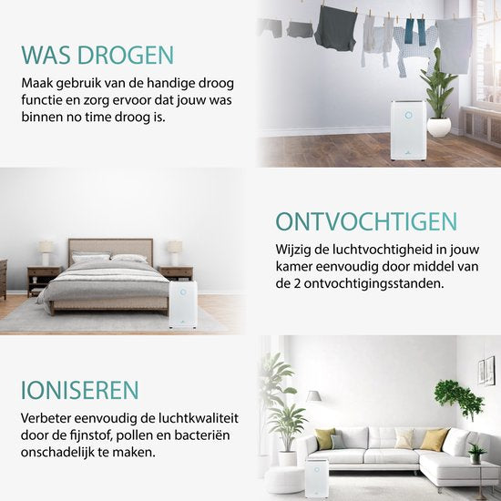 Aironex - Luftentfeuchter und Luftreiniger - 20 l Fassungsvermögen & mit Wasch-Trocken-Funktion - extrem leise mit Led-Anzeige - für Wohnzimmer und Schlafzimmer - weißer Kunststoff