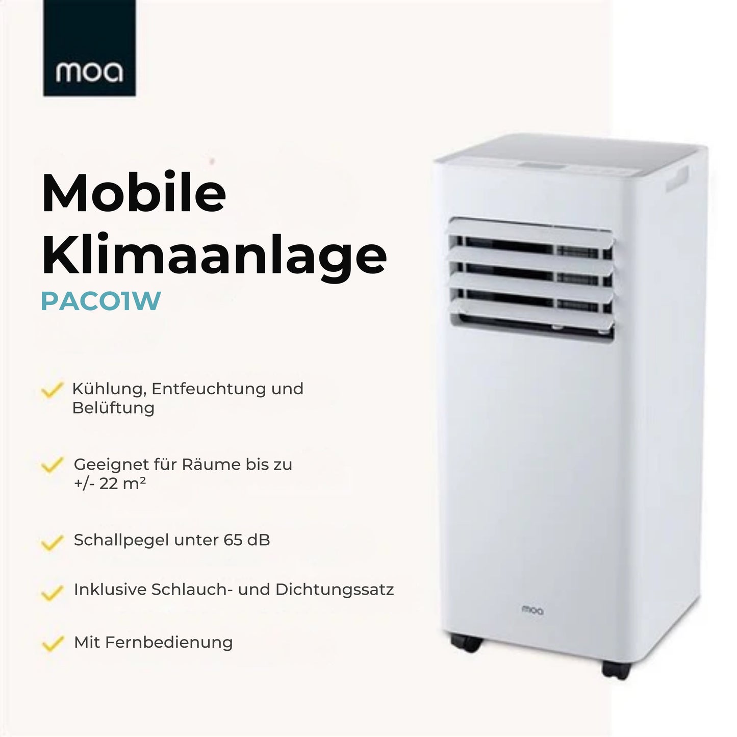 MOA Mobile Air Conditioner - 7.000 BTU - Klimagerät - Fernbedienung - Energieklasse A - Fensterdichtungssätze - Bis zu 60 m³ Kühlleistung - Entfeuchter - Weiß