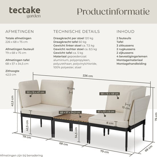 tectake® - Magaluf Lounge Set - 5-in-1-Gartenset mit Aluminiumgestell - 2 Gartensessel und 1 Couchtisch - Aufstellbar als Liege, Eckbank oder 2-sitzige Gartenbank - Inklusive Kissen - Balkonset 2 Personen