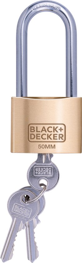 BLACK+DECKER Vorhängeschloss - 50mm - Langer Bügel - Inkl. 3 Schlüssel - Massivmessingschloss