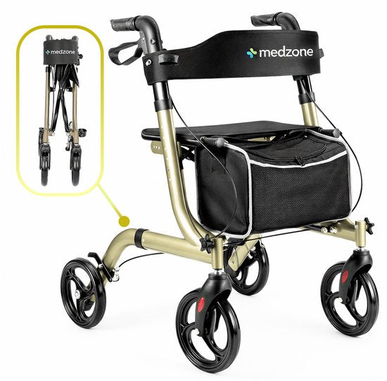 Medzone Rollator leicht und faltbar - Sitzfunktion - für drinnen und draußen - Rückenlehne und Gehstockhalterung - Champagner - Gold