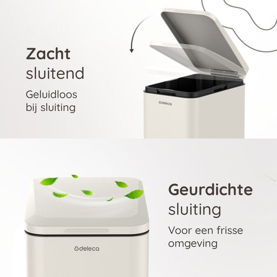 Deleca Abfalleimer Prestige - 50 Liter - Schmal - Edelstahl Mülleimer / Abfalleimer / Tret-Abfalleimer - Mit Fußpedal und Slow Close - Cremeweiß