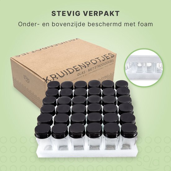 S.old - 36 Glasgewürzdosen quadratisch mit Deckel schwarz - Gewürzstreuer - Komplettset mit Streudeckeln, vorgedruckten Aufklebern und Trichter - Fassungsvermögen 120 ml - 10,5 x 4,3 cm