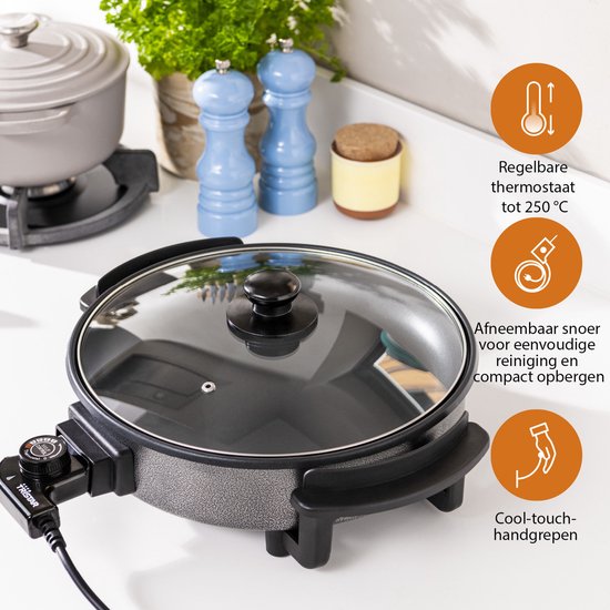 Tristar Kasserolle PZ-2964 - Elektrische Kasserolle mit Deckel 40 cm - Snackpfanne XXL - Antihaftbeschichtung und einstellbarer Thermostat - Höchsttemperatur 280⁰ C - Schwarz