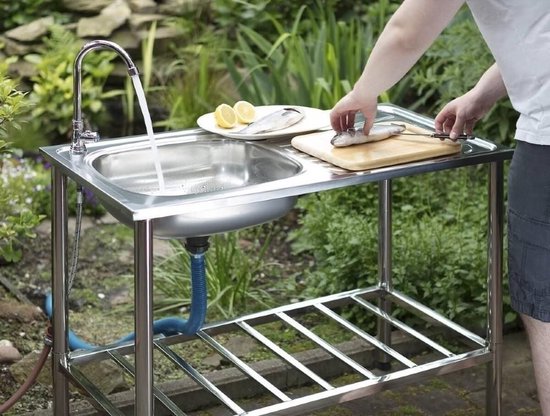 Camping/Outdoor Inox Tisch mit Spülbecken und Wasserhahn 100x77x50cm