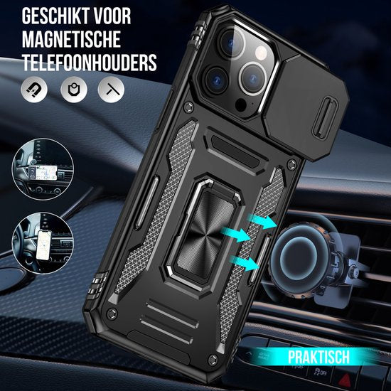 Podec Case passend für iPhone 15 Pro Schwarz Phone Case - Anti-Shock Case Cover Hybrid Armor Case mit Kickstand Ring mit Displayschutzfolie