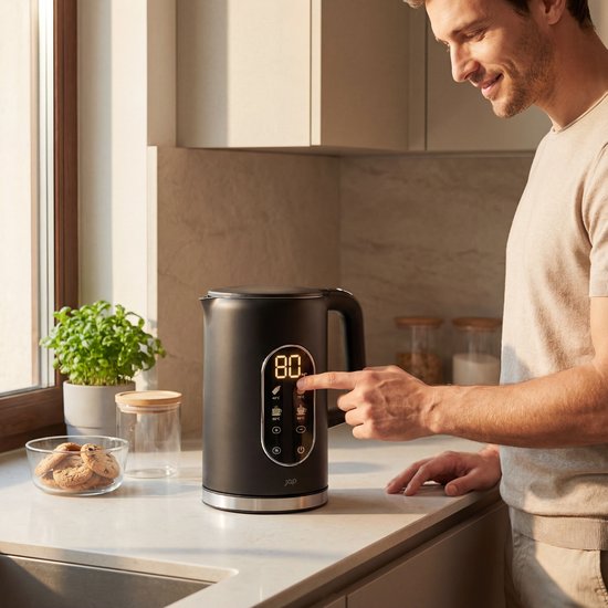 JAP Appliances Aquanova - Wasserkocher (1,7 Liter) mit Temperaturregelung - Warmhaltefunktion - 40°C für Babynahrung - Schwarz