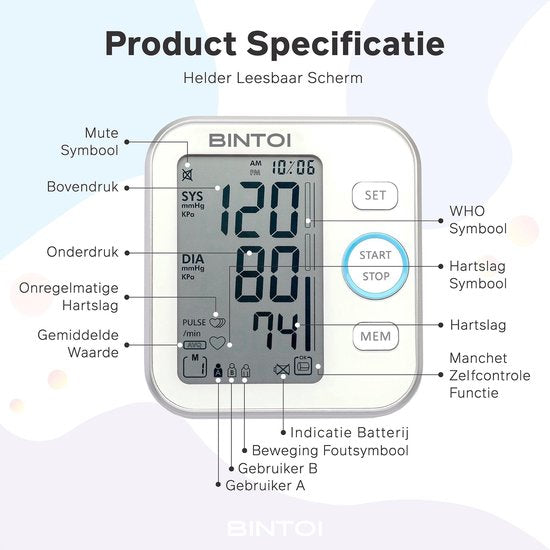Bintoi® BX200 - Oberarm-Blutdruckmessgerät - Herzfrequenzmessgerät - Inkl. Aufbewahrungstasche und Batterien - 2 Benutzer