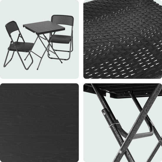LifeGoods Bistro-Set - 3-teilig - klappbar - Rattan-Look - Garten-Set mit Beistelltisch - Schwarz - 200kg Tragkraft - wetterfest