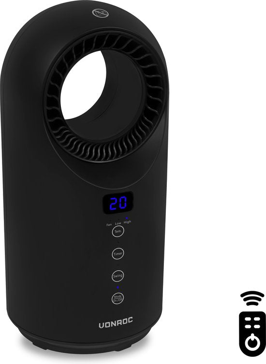 VONROC Elektroheizung - Heizlüfter - 1000W/1500W - Messerlos - Keramik - 3 Stufen - Inkl. Fernbedienung - Swing-Funktion - Thermostat und Timer - 15m2 - Schwarz