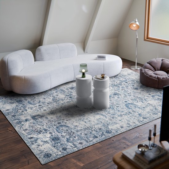tectake Teppich im Vintage-Design - Niederflorteppich - Boho-Teppich - Für Wohnzimmer, Schlafzimmer, Kinderzimmer oder Jugendzimmer - Waschbar - 240cm x 340cm - blau