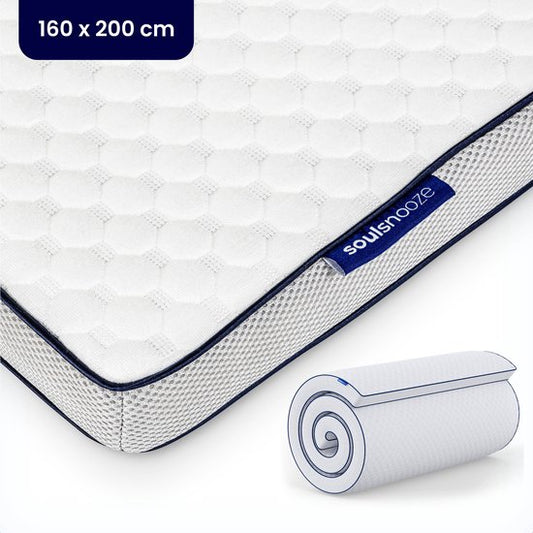 SoulSnooze® - DuoComfort Premium Topper - 160 x 200 x 7 cm & Doppelseitiges Design - Ausgestattet mit Bambusbezug und Anti-Rutsch-Schicht - Zur Rückenunterstützung und Druckentlastung - Weißer Memory Foam und Hybrid Foam