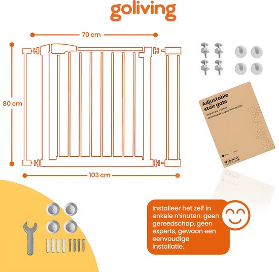 Goliving Treppengitter ohne Bohren - 2 Stück - 75 bis 103 cm - Klemmhalterung - Klemmmodell - Erweiterbar - Metall - Kindergitter - Hundegitter - Weiß