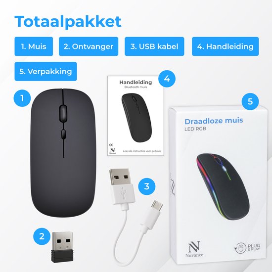 Nuvance Wireless Mouse - Bluetooth - Geräuschlos - Laptop & Gaming - Drahtlos - Computermaus - Links- und Rechtshänder - Schwarz