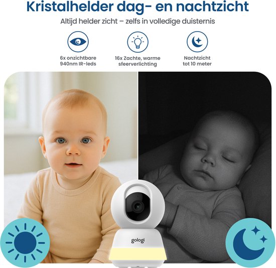 Gologi Babyphone mit Kamera - Babyphone - Babykamera - Ferngesteuert über App und Bildschirm - Weiß