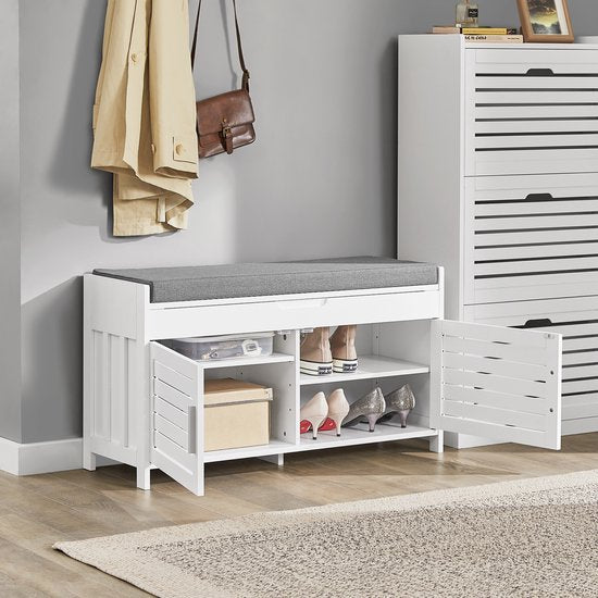 SoBuy FSR102-W Aufbewahrungsbank - Weißer Schuhschrank mit Bank und 2 Türen