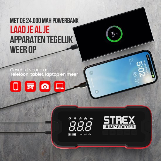 Strex - 12V Starthilfe mit Kompressor - 4000A - 24.000 mAh - 5-in-1 Funktion mit Led-Taschenlampe & SOS - Inklusive Hardcover-Tasche - Kunststoff - Schwarz & Rot
