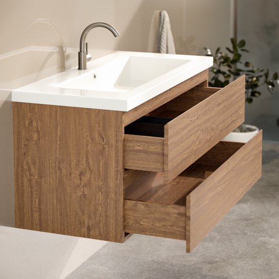 Mirlux Badmöbel Eiche Warm 100 cm - Waschbecken Weiß - Badmöbel-Set - Waschbeckenschrank Eiche Warm