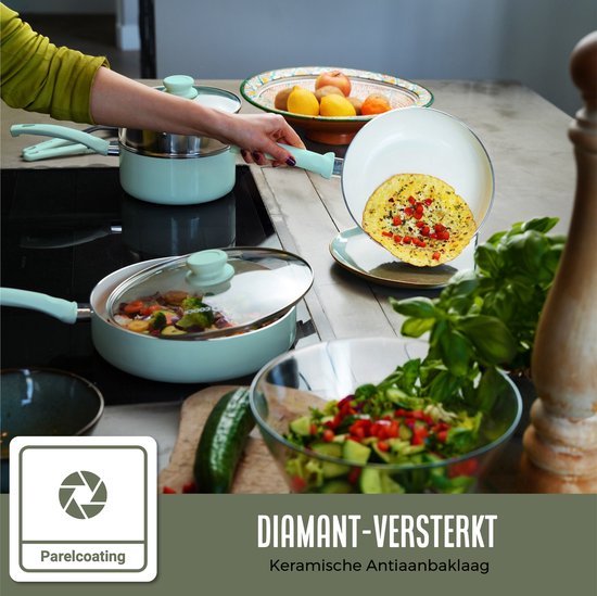 COOCK 19-teiliges Induktionskochgeschirr-Set - Spezielle Antihaftbeschichtung - Ergonomische Kaltgriffe - Recyceltes Aluminium - Bratpfannen-Set - Kochtopf-Set - Türkis (Grün) - Inklusive Untersetzer und E-Book