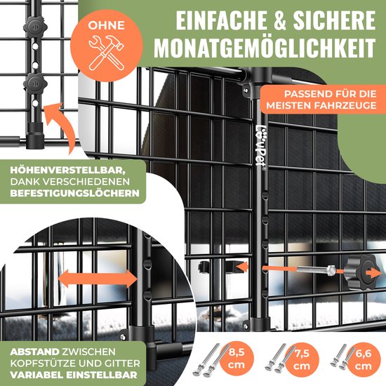 LovPet® Hundehalterung Auto, Universal-Autotrennwand, verstellbare Breite, Kopfstütze Gepäckablage Kofferraumschutz Abmessungen HxB 30 x 91-153 cm , + 2x Sicherheitsgurt für Hunde - Schwarz