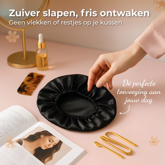 Nuvance Bonnet Satin - 2er-Set - Satin-Schlafmütze verstellbar - Satinhaube - Unisex - Schwarz