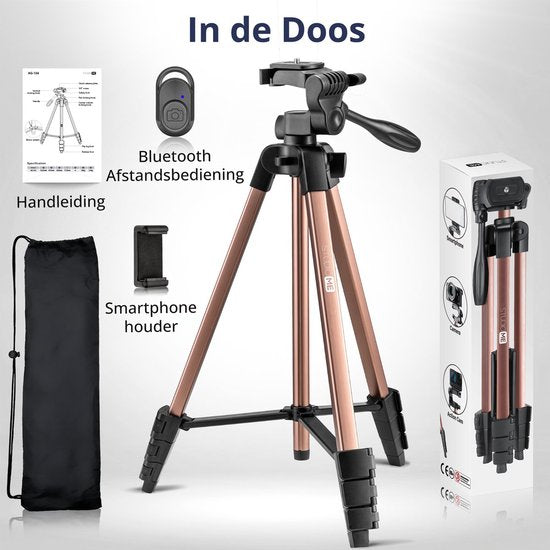 Studio ME Telefonstativ - 136 cm - Stativ Smartphone - Rose Gold - Kamerastativ - Telefonhalterung - Inkl. Bluetooth-Fernbedienung - Stativ Telefon