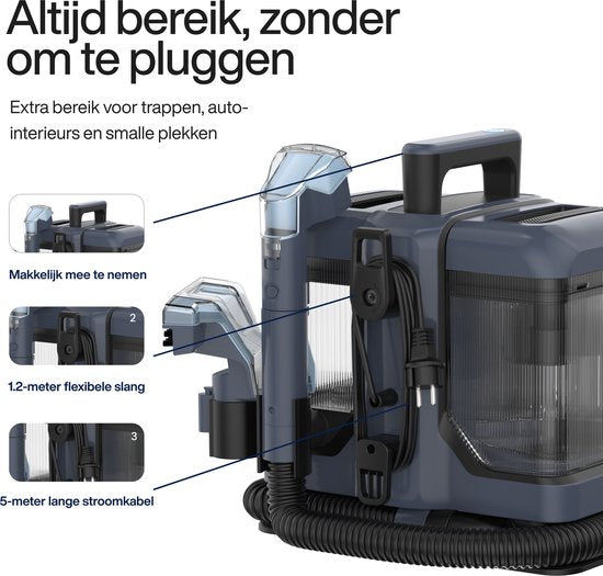 Samako Teppichreiniger V2 - Tragbar - Für Sofa, Möbel, Sitze, Matratze und Teppich - 1600 ml Wasserbehälter