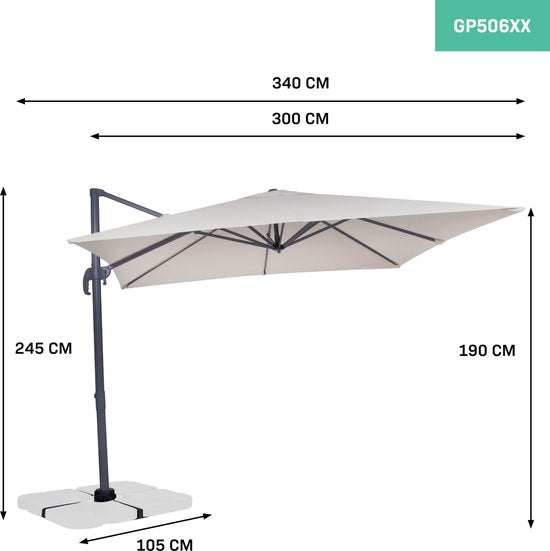 VONROC Premium Floating Parasol Pisogne - 300x300cm - Inkl. Kreuzfuß & Schutzhülle - Quadratisch - 360° drehbar - Neigbar - UV-beständiges Tuch - Beige
