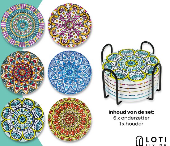 Loti Living Untersetzer mit Halter - Untersetzer Design - Untersetzer Kork - Untersetzer Set - Untersetzer für Gläser - 6 Stück - Mandala Design
