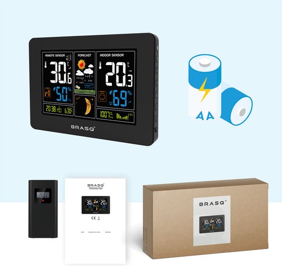 BRASQ Kabellose Wetterstation für den Innen- und Außenbereich - Hygrometer - Luftfeuchtigkeitsmesser - Mit Außensensor bis zu 60 Meter - Thermometer - Barometer - inklusive Batterien