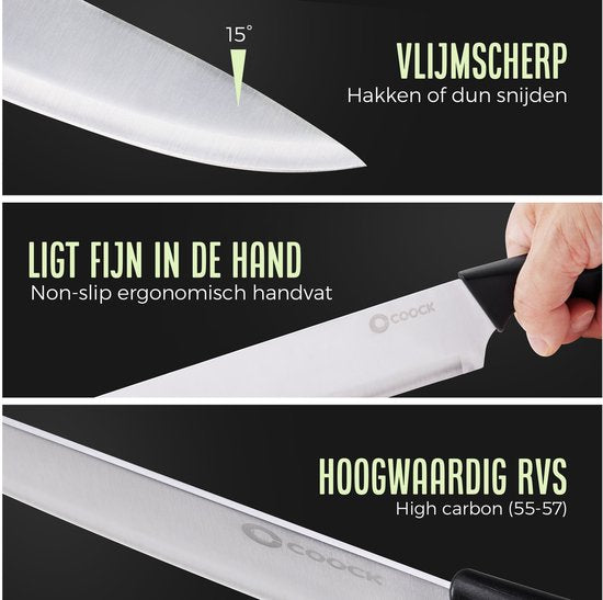 COOCK - Messerset mit Block und klappbarem Schneidebrett - Küchenmesser - Scheren - Wetzstahl (Messerschärfer) - 15-teiliges Küchenutensilien-Set im Messerblock - mit kratzfester Beschichtung - Edelstahl/Schwarz