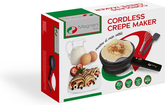 Magnani – Crêpes-Pfanne – Pfannkuchenpfanne – Antihaftbeschichtung – Inklusive Pfannenwender, Schneebesen und Teller – Pfannkuchenpfanne – Elektrisch – 800 W
