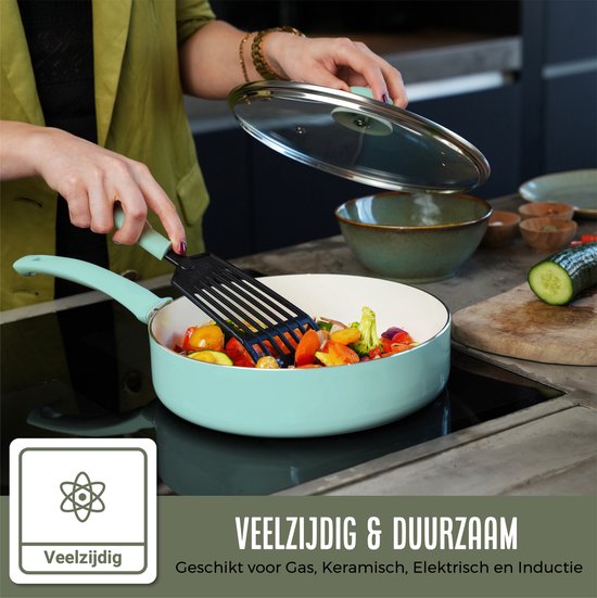 COOCK 19-teiliges Induktionskochgeschirr-Set - Spezielle Antihaftbeschichtung - Ergonomische Kaltgriffe - Recyceltes Aluminium - Bratpfannen-Set - Kochtopf-Set - Türkis (Grün) - Inklusive Untersetzer und E-Book