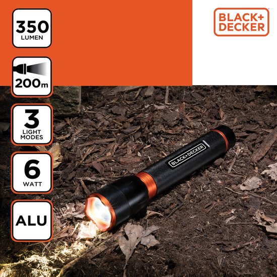BLACK+DECKER LED-Taschenlampe - 350 Lumen - 6W - 200M Reichweite - 3 Lichtmodi: Hoch, Niedrig, Pulsierend - Schwarz/Orange