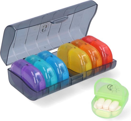 Gandria Pillenbox 7 Tage - Herausnehmbare Pillenbox - Medizinbox mit 14 Fächern - Medizinbox mit stabilem Verschluss - 2 Fächer pro Tag - 7 Farben