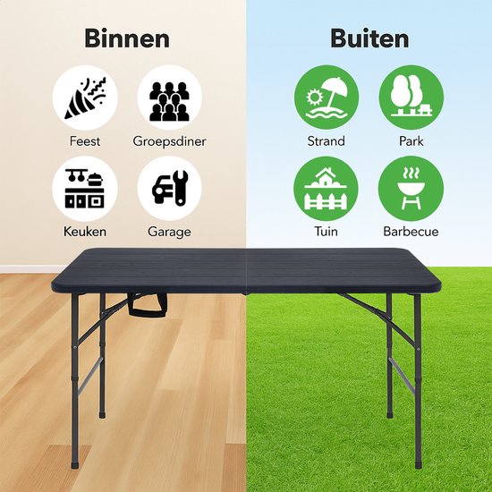 LifeGoods Klapptisch - 180x74 cm - Stabiler Klapptisch - Wetterfest - Klappbarer Esstisch - Campingtisch - Klapptisch für drinnen und draußen - Schwarze Holzmaserung