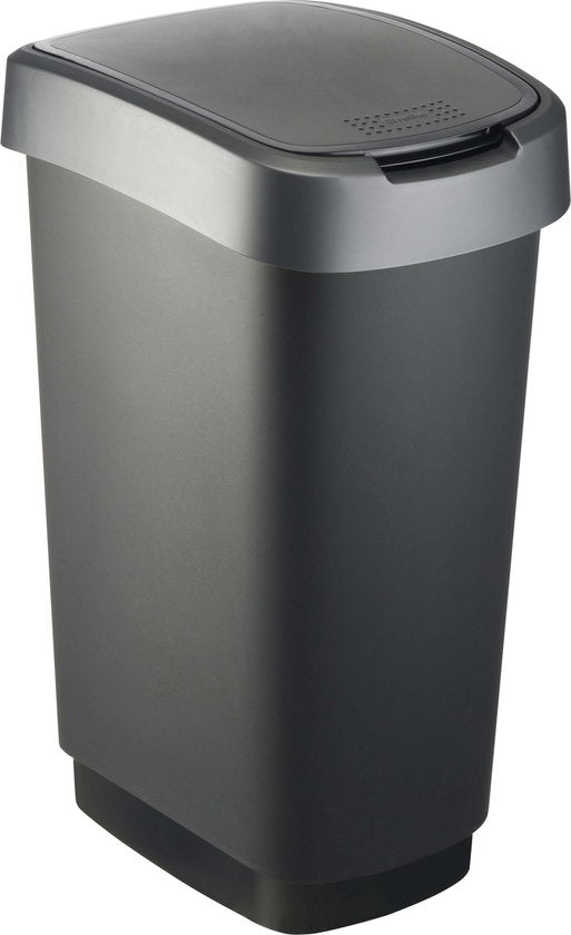 Rotho Twist Mülleimer- 50L - 60.2cm - Mit Kippdeckel - Silber/Schwarz