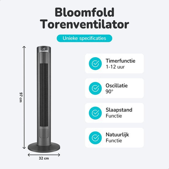 Bloomfold Turmventilator - 38 Zoll - Fernbedienung - Schlafmodus - 12-Stunden-Timer - Voll-LED-Display - Schwarz