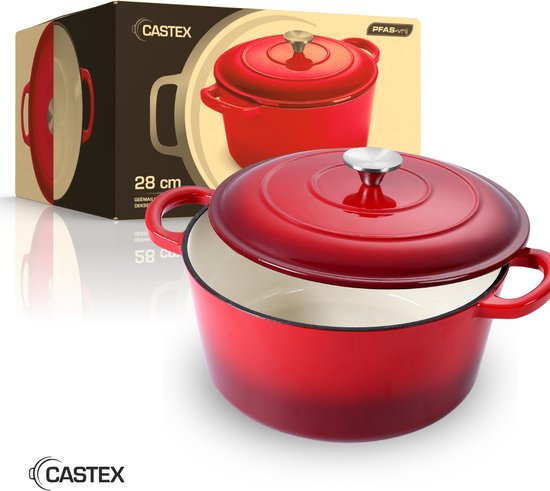 Castex Elegance Royal Gusseisen-Kasserolle mit Deckel 28 cm - Induktionspfanne - Gusseisen-Kasserollen - Rot