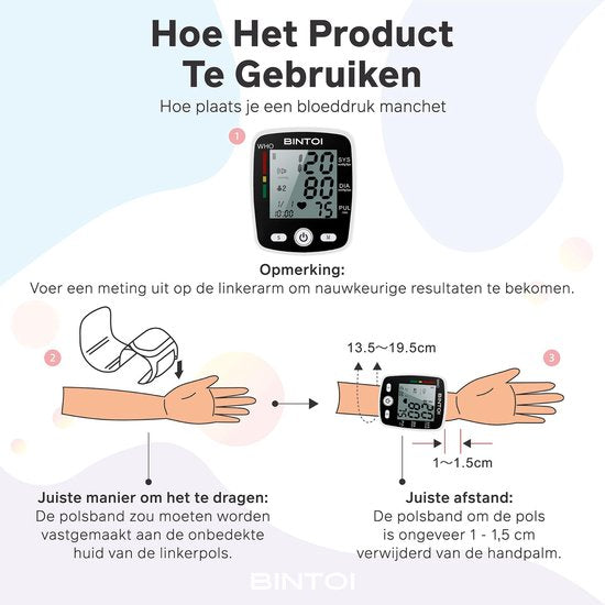 Bintoi® BXE100 Handgelenk-Blutdruckmessgerät - Herzfrequenzmessgerät - USB wiederaufladbar - inkl. Aufbewahrungsbox - 2 Benutzer