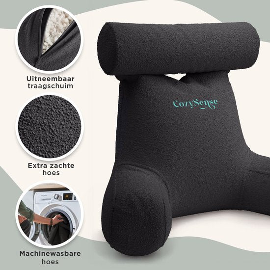 Cozysense® - Lesekissen - Bett-Lesekissen - Buchsitz - Ergonomisches Sitzkissen mit Bouclé-Stoff - Buchkissen - Lesekissen - Großformatige Stütze für Rücken, Nacken und Arme - Relax-Kissen - Verstellbare Polsterung - CertiPUR® - Abnehmbarer Bezug - Grau