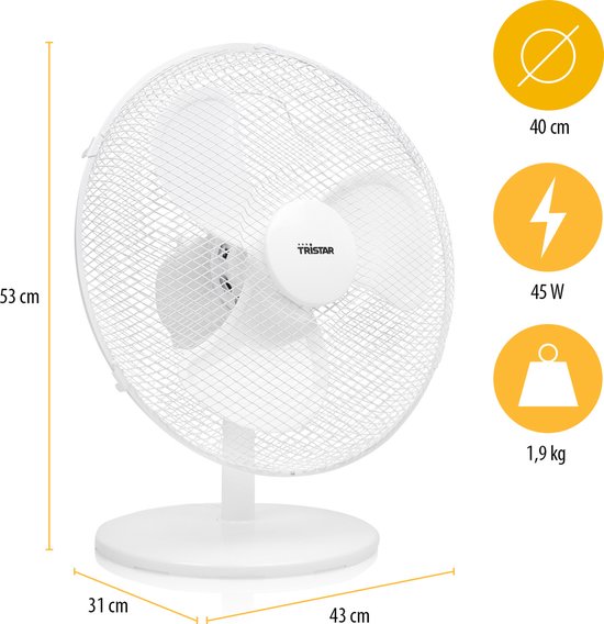 Tischventilator 40 cm - 3 Geschwindigkeiten - 85° Oszillation - Tristar VE-5727 - Weiß