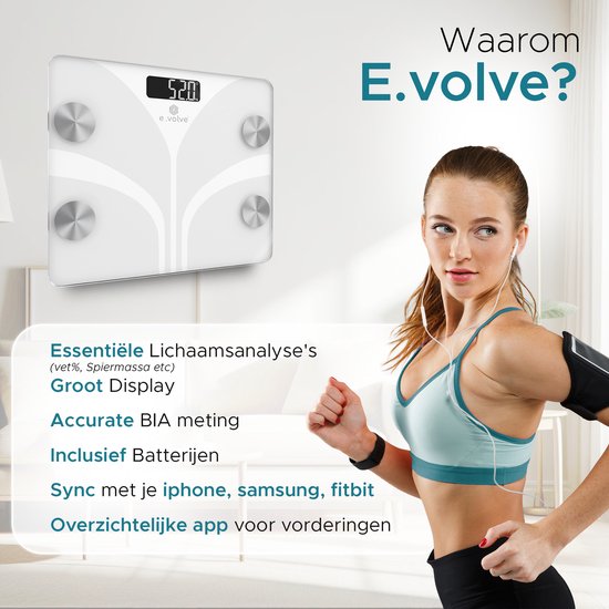 e.volve Waage Personenwaage Digital - Weiß - Intelligente Waage - Mit Körperanalyse - Präzisionswaage - inkl. App