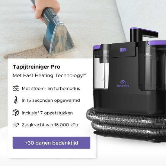 Motionflow Teppichreiniger PRO - Tiefenreinigung mit Dampffunktion bis 100°C - Kraftvoller 1700W Fleckenreiniger - Dampfreinigung für Boden, Sofa, Bad und Teppich - Dampfreiniger & Sitzreiniger - Inklusive Reinigungsmittel
