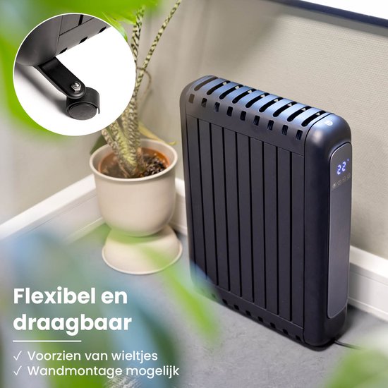 QLT Elektroheizung mit App-Steuerung, Thermostat und Timer - Konvektorheizung - Ölfreier Heizkörper mit Rädern und Wandoption - Bis zu 20m² - Schwarz