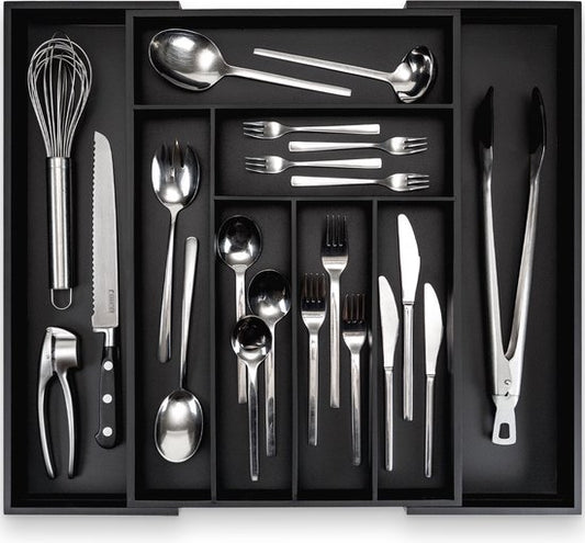 Budu Extendable Bamboo Cutlery Tray #50 (50 cm tief) - Schwarz - Besteckkassette Holz - Besteckschublade - 50 x 34.1 - 56 cm - 6/8 Fächer
