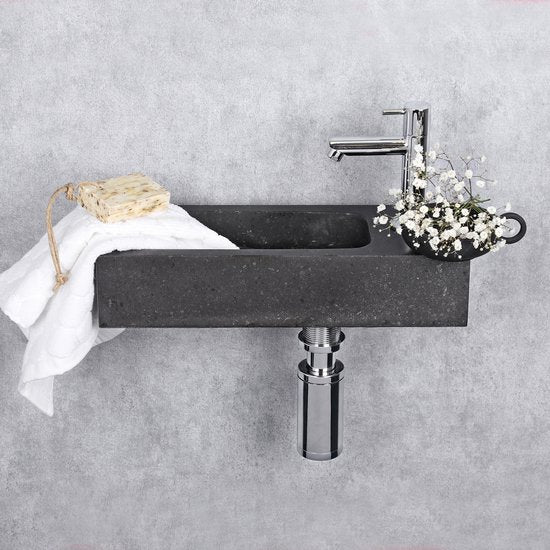 Differnz Luxor Brunnenset - Spülbecken Naturstein - Schwarz - Gebogener Wasserhahn - Chrom - Standardgriff - 38 x 14 x 8 cm