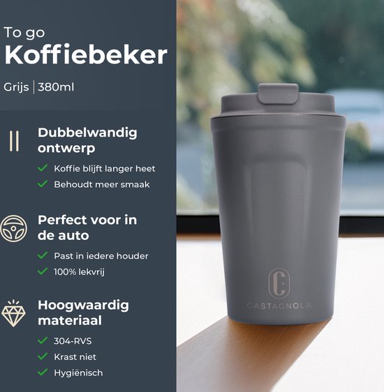 Castagnola Thermos Cup - Kaffeebecher To Go - Reisebecher für Kaffee und Tee - Teebecher - 380 ML - Edelstahl - Grau