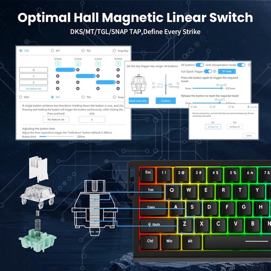 ATTACK SHARK X68HE - Magnetschalter kabelgebundene Gaming-Tastatur - 66 Tasten - RGB - PBT-Tasten mit Seidendruck - Zierstreifen - 8Khz - 0.01mmRT - 0.125ms - weiße Konturlinie